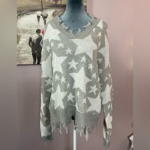 Starry V-Neck Frayed Sweater - Gray and White